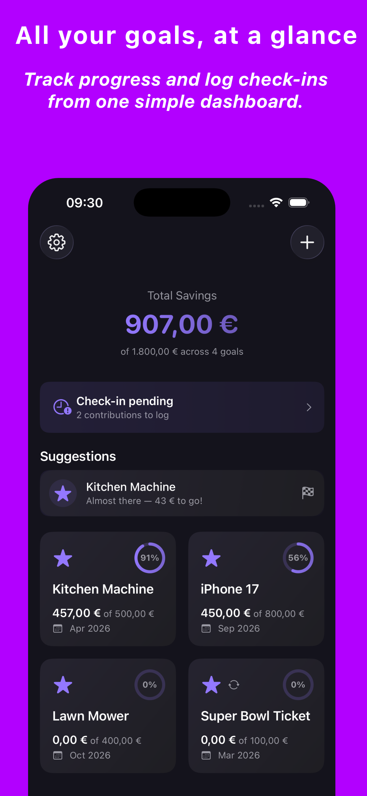 GoalDigger home screen showing all your savings goals at a glance
